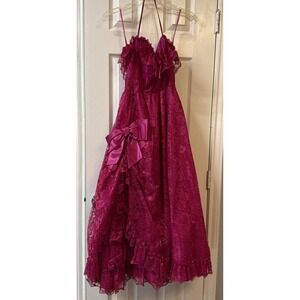 Vtg Pink Lace Party Prom Maxi Dress Big Bow Sleeveless Ruffles ILGWU Sz 3
